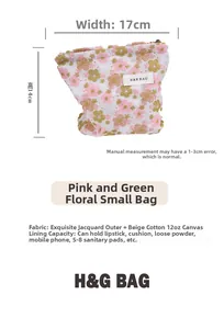 Detail view of floral storage pouch dimensions 17x14cm with jacquard and cotton lining