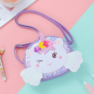 Detail view of the purple sequin unicorn crossbody bag for girls with glitter wings
