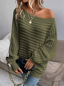 Olive green off-shoulder knit sweater with ribbed horizontal texture and batwing sleeves