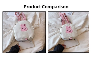 Detailed comparison of mini canvas backpack with pink rabbit embroidery and phone for scale