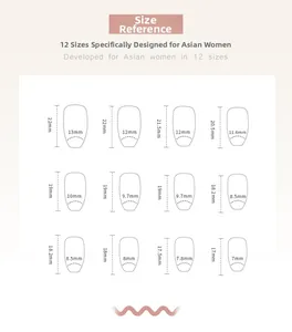 Detailed size chart showing 12 different dimensions for press-on nails in millimeters