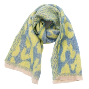 Detail shot of yellow and blue abstract animal print scarf with soft fringe edges
