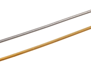 Detailed view of silver and gold titanium steel snake bone chains with flat blade link design