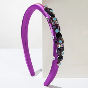 Elegant purple satin headband with sparkling colorful rhinestones for women