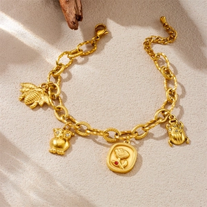 18K gold plated chain bracelet with bee, owl, rose, and scarab charms in vintage style