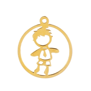 Detail of a hollow round gold pendant featuring a cute cartoon boy silhouette design