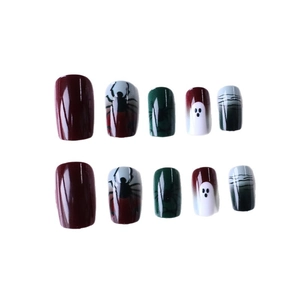 Halloween press-on nails featuring dark red green gradients with spider and ghost patterns