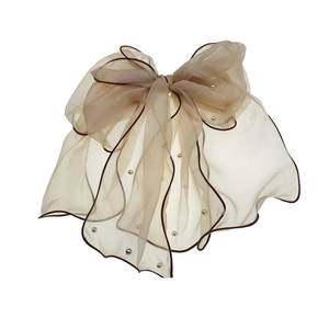 Elegant champagne chiffon bow hair clip with pearls and brown edges in Korean style