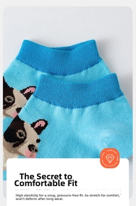 Detail of high-elasticity ribbed cuff on blue cotton sock with French Bulldog pattern