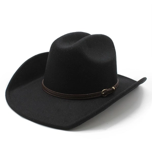 Classic black felt cowboy hat with vintage brown leather band and gold buckle on white background