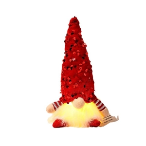 Glowing Christmas gnome doll with red sequin hat and warm LED light in white beard