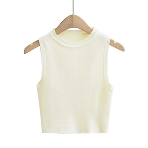 Y2K style sleeveless cropped knitted vest for women in creamy white ribbed fabric