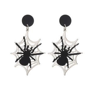 Halloween black and silver spider web dangle earrings with acrylic charms for women