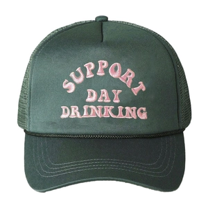 Dark green trucker hat with pink support day drinking embroidery and mesh back