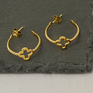 Stainless Steel Hoop Earrings Gold Plated Hollow Four Leaf Clover Beaded Texture Niche Design Ins Style For Women