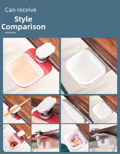 Detail view of pink and white rotating desk-clip bin for kitchen scrap and office waste