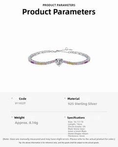 Detail of S925 sterling silver heart bracelet featuring multi-color 5A cubic zirconia stones