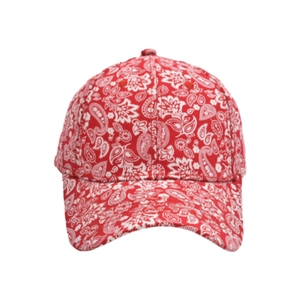 Detail of red baseball cap featuring all-over white paisley floral print and six-panel crown