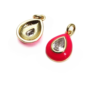 Detail of tear-drop pendant with magenta oil-drip enamel and sparkling zircon stone