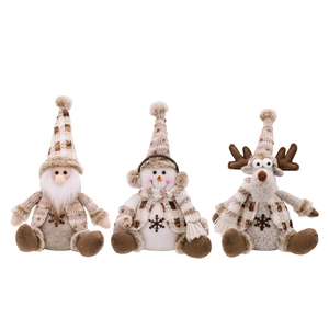 Three-piece Nordic Christmas plush sitting dolls set including Santa, Snowman and Reindeer