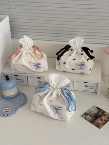 Cotton drawstring tissue box cover with ribbon bow and ins style aesthetic print