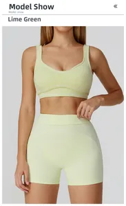 Front view of lime green yoga sports bra and shorts set with white contrast stitching