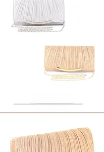 Detail of pleated evening clutches in silver and champagne gold with metal chain