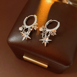 Close-up of silver star pendant hoop earrings with sparkling zircon on leather box
