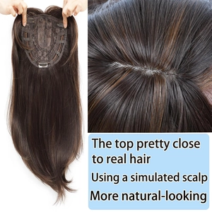 Dark brown long straight hair topper with breathable inner mesh and realistic scalp part