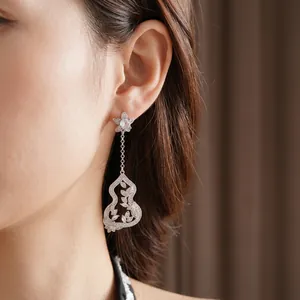 Silver star earrings with dangling hollow gourd pendant and sparkling zircon inlay