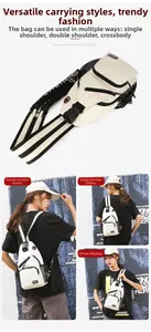 Versatile beige Oxford fabric sling bag showing multiple carrying styles and zipper details