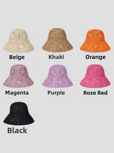 Detailed grid display of 7 colorful crochet hollow sun hats in various vibrant color options