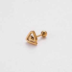 Close-up of golden triangle barbell stud earring with screw ball back and polished finish