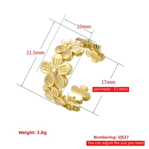 Detailed size chart for golden flower-shaped adjustable ring with dimensions and weight