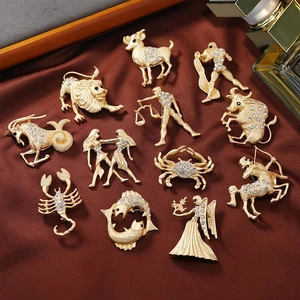 12 Zodiac Signs Brooch Alloy Gold Plated Rhinestone Vintage Animal Angel Form Breastpin For Women Men Clothing Jewelry