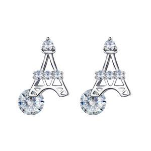 Elegant Eiffel Tower silver stud earrings with sparkling white cubic zirconia crystals