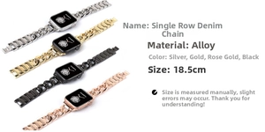 Detail view of four-color 18.5cm alloy chain straps for smartwatches in a row