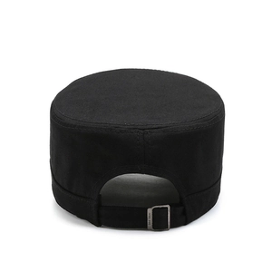 Rear view of a black adjustable cotton cadet cap featuring a metal buckle and flat top