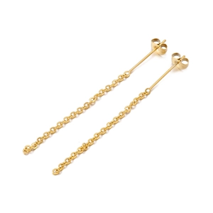 Detailed view of 18K gold plated long chain tassel earrings with minimalist metal design