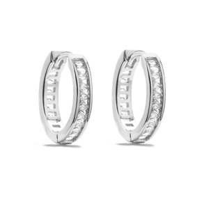 Detailed close-up of silver hoop earrings with rectangular micro-pave cubic zirconia