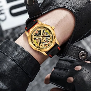 Montre mécanique manuelle Forsining pour hommes, boîtier doré, cadran squelette et bracelet