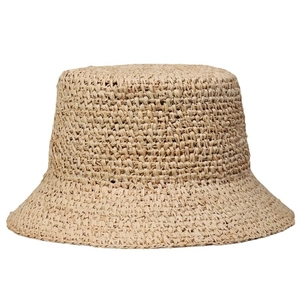 Flat top handmade raffia crochet bucket hat in beige for summer outdoor sun protection