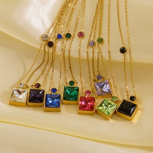 14K gold plated stainless steel necklaces with colorful square crystals on beige silk