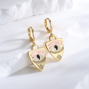 18K gold plated copper earrings with pink enamel evil eye charms and clear zircons