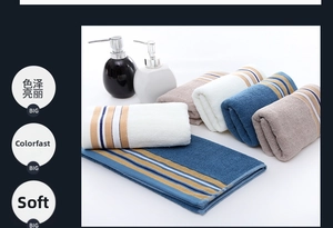 Detail showing plush cotton towel set with horizontal stripes in blue and brown colors
