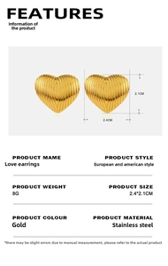 Detail showing 2.4x2.1cm gold heart earrings in stainless steel with measurements