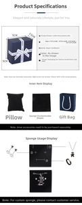 Detailed specs of square bow jewelry boxes with foam inserts for rings and necklaces