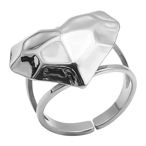 Macro shot of polished geometric heart-shaped ring with adjustable open band detail