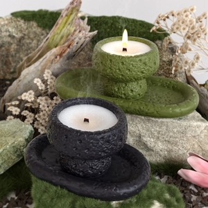 Stone texture resin molds for candle cup and oval tray set in dark green and charcoal