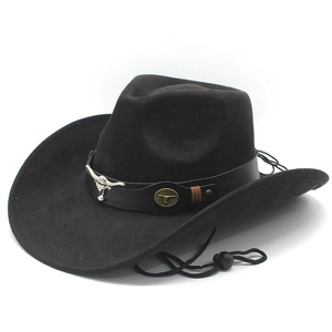 Western black suede cowboy hat featuring a silver bull head buckle and chin cord